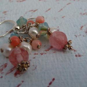 coral, pearl, and quartz earrings with a beachy-vintage feel